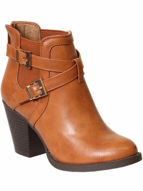 Ball-Band Women’s Tan Faux-Leather Ankle Booties with Buckle Detail
